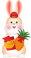 Happy Chinese new year cute cartoon rabbit with Chinese style hat holding golden ingot red envelope and pineapple
