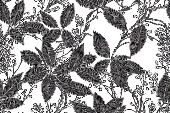 Ethnic flowers and leaves with paisley vintage seamless pattern illustration. Fabric motif texture repeated. Cashmere and paisley elements with branches natural plants. Grey background.