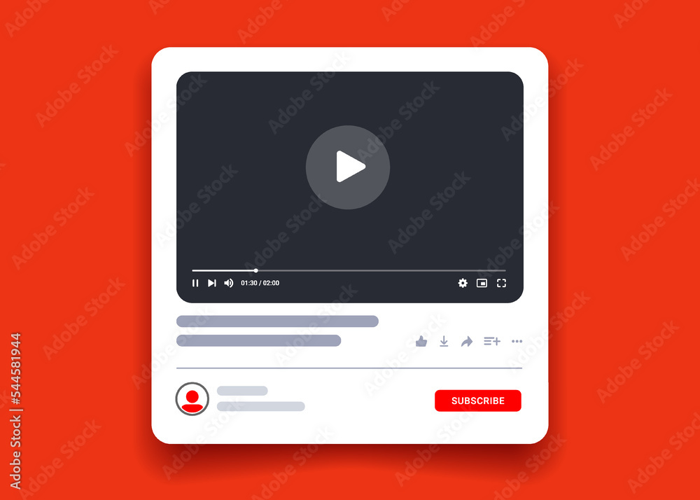 Poster video player interface isolated on white background. multimedia frame template. mockup live stream w
