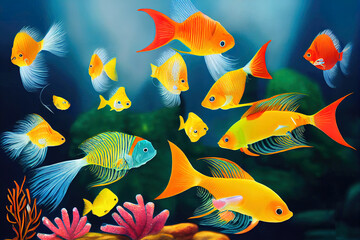 Naklejka premium Cartoon cute tropical ocean exotic aquarium fishes. Goldfishes, tetra, barb, angelfish and lionfish. Small freshwater fish pets . Underwater bright animals isolated on white