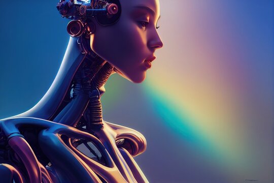 Stunning illustrated portrait of the female cyborg. Generated by Ai