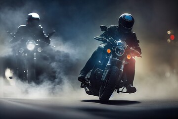 Photorealistic illustration of bikers riding at the city street. Ai generated illustration