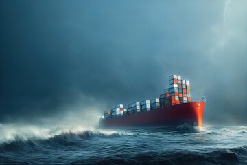 Cargo ship in the open sea, stormy weather and braking waves. Ai generated illustration