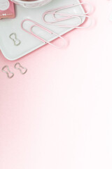 Feminine desktop flat lay of office workspace scene with white and silver stationery accessory items, including pens and bull clips on a light pink pastel background framing the workspace scene