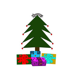 Cartoon Christmas tree with gifts isolated on white background. For New Year's cards,