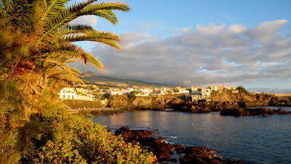 Picturesque beach and volcanic rocks in Alcala on Tenerife, Canary islands, Spain at...