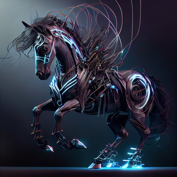 Gorgeous cyberpunk horse made with metals, cables and wires. Stunning illustration generated by Ai.