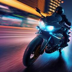 Stunning photorealistic illustration of biker riding on high speed at city street in the night under the rain