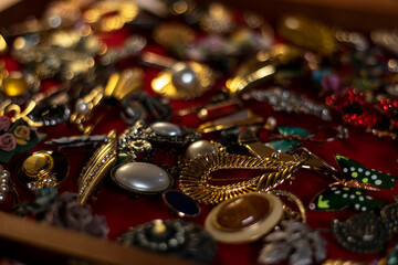 Retro jewelry at the vintage market. Closeup.