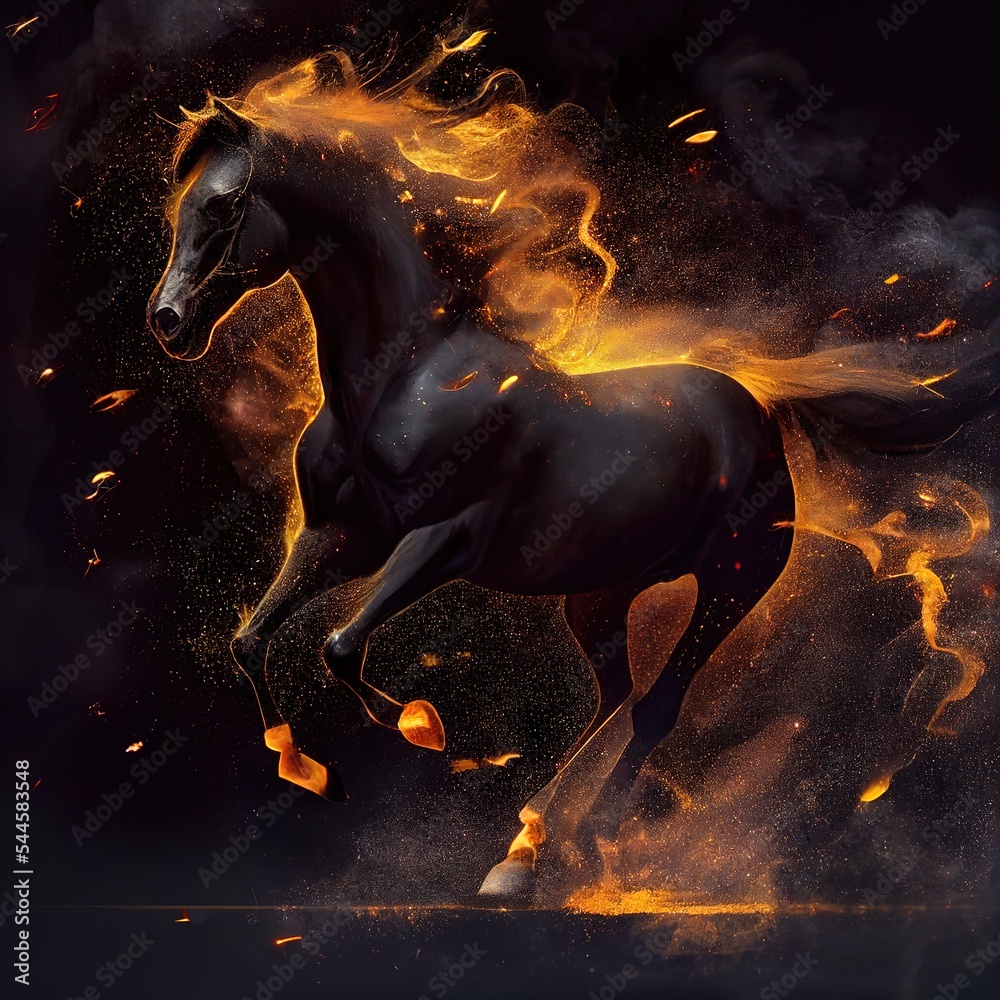 Wall mural blazing black horse in dynamic pose. creative ai generated illustration