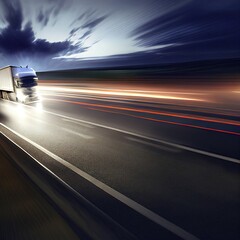 Fototapeta na wymiar Abstract photorealistic illustration of Cargo truck on the highway. Traffic lights, motion blur. Ai generated image