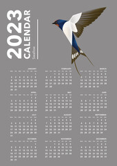 Calendar 2023, Bird Calendar , Swallow  illustration design week start Monday template vector image eps file can edit color font and background