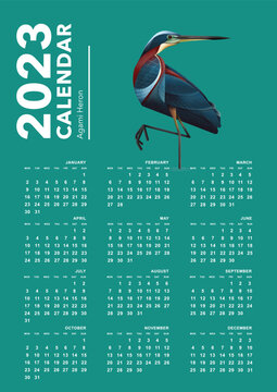 Calendar 2023, Bird Calendar , Agami Heron illustration design week start Monday template vector image eps file can edit color font and background