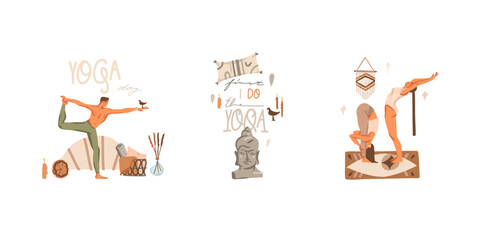 Hand drawn vector abstract graphic set with meditating yoga woman asana clipart illustrations.Meditation practice. Concept art of zen and harmony. Colored flat vector character illustrations design.