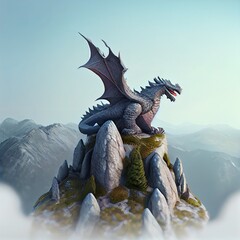 Cartoon dragon on the rock, ai generated illustration