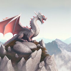 Naklejka premium Cartoon dragon on the rock, ai generated illustration