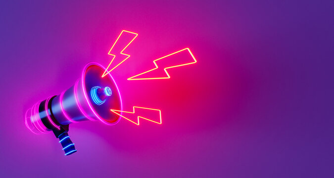 Neon megaphone with lightning bolts