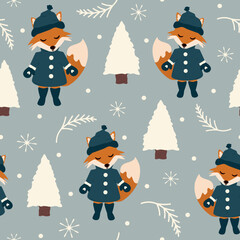 Cute seamless vector pattern background illustration with cartoon character fox, white tree, snowflakes and fir branches
