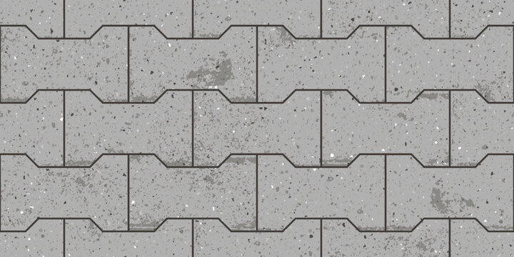 Seamless pattern of pavement with dumble interlocking textured concrete bricks. Vector pathway texture top view. Outdoor concrete slab sidewalk. Cobblestone footpath or patio. Block floor