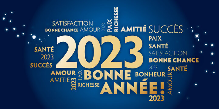 Carte de voeux – bonne année 2023 - bleu et dorée. Nous vous souhaitons Bonne Année - Typographie en or de langue française sur fond bleu