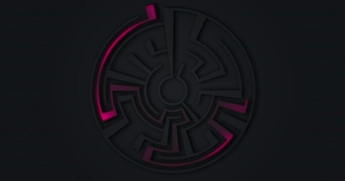 4k round animated maze. Abstract luxury black grey gradient backgrounds with red purple fluid line. Geometric graphic motion animation. Seamless looping dark backdrop. Black Friday frame. Modern label