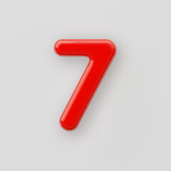 3D Red plastic number 7 with a glossy surface on a gray background.