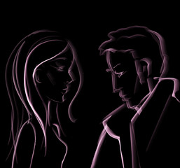 Silhouette of a couple in love on a dark background