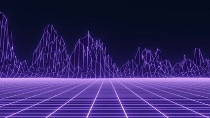 Retro fantastic background of the 80s. Mountain wireframe landscape. Futuristic blue neon scenery. 3d rendering.
