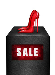 Red women's shoes are on display with the inscription "Sale".