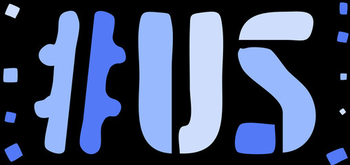 US Hashtag. Isolate curves doodle letters. Blue colors. Hashtag #US is abbreviation for the USA United States of America for social network, web resources, mobile apps.