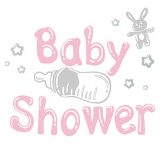 Baby shower pink lettering doodle horizontal banner - cartoon bunny, milk bottle, and stars. Vector cute illustration.Design for a baby shower, gender party, baby products, invitations.