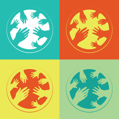 Helping hands vector logo art set.Four differently colored icons of child and adult hands.Love, care, protection concept.Circle emblem style.