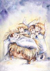 happy baby jesus angels with belen star in the night. watercolor illustration