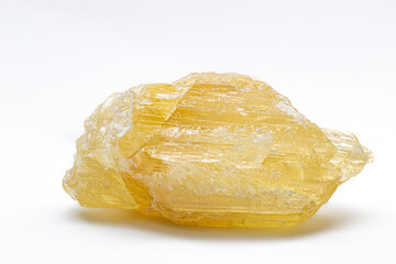 Raw uncut real honey yellow calcite crystal, calcium carbonate mineral with visible structure macro...