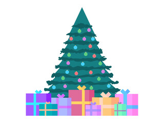 Decorated Christmas tree with gift boxes isolated on white background. Gifts under the tree. Merry Christmas. Festive design for greeting cards, invitations and banners. Vector illustration