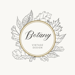 Vector round frame with leaves in vintage engrave style. Black and white illustration.