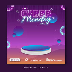 Neon cyber monday sale with podium product display social media banner