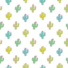 Seamless Pattern with Hand Drawn Cactus Design on White Background