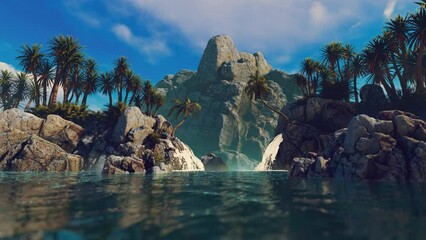 Stone island with large waterfalls