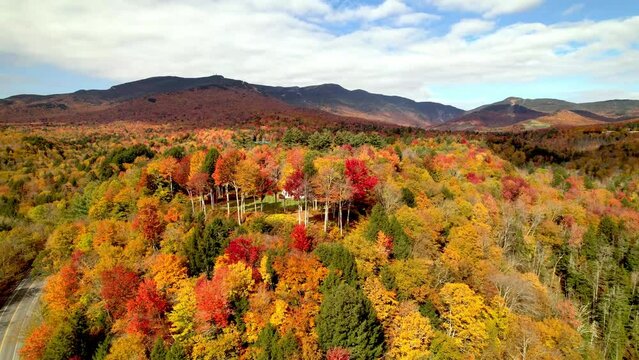 aerial push into vibrant leaf color at stowe resort in vermont, stowe vermont fall leaves and autumn color