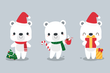 Set of cute polar bear cartoon characters wearing Santa hat and scarf. Festive Christmas holiday season concept. Flat vector illustration.