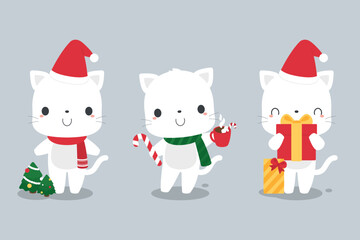 Set of cute white cat cartoon characters wearing Santa hat and scarf. Festive Christmas holiday season concept. Flat vector illustration.