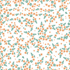 Fototapeta na wymiar Cute floral pattern. Seamless vector texture. An elegant template for fashionable prints. Print with small orange flowers, green leaves. white background.