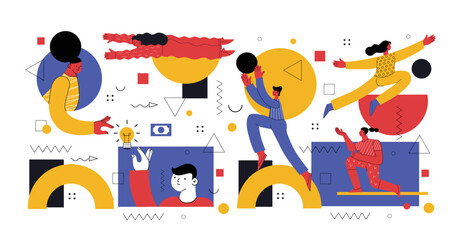 Creative team creating new, building abstract structure, working under corporate project. Business and creativity process, teamwork concept. Flat vector illustration