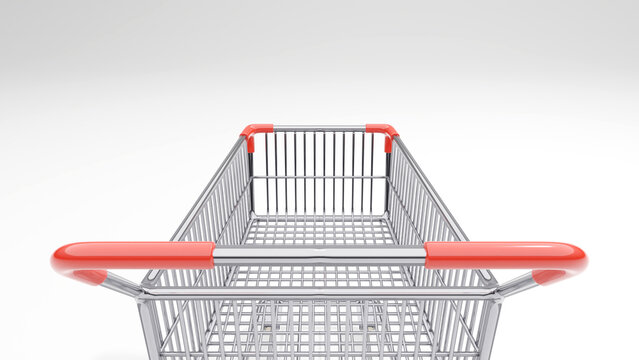 スーパーマーケットにあるようなシンプルな金属製ショッピングカートの3DCGレンダリングによるフォトリアルな画像イラスト