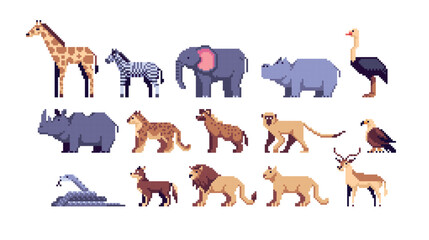 African Animals pixel art set. Safari wildlife collection. Savanna species. 8 bit sprite. Game development, mobile app.  Isolated vector illustration.