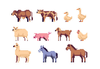 Farm Animals pixel art set. Sheep, cows and horse collection. Duck, chicken and goose. Llama and pig. 8 bit sprite. Game development, mobile app.  Isolated vector illustration.