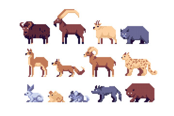 Mountain Animals pixel art set. Alpine wildlife collection. Snow forest species. 8 bit. Game development, mobile app.  Isolated vector illustration.