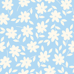 Marvelous floral pattern. Seamless vector texture. An elegant template for fashionable prints. Print with white flowers and leaves . light blue background.