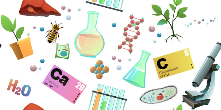 Chemistry items seamless pattern. Cartoon style. Science items picture. Study of living cells of plants, animals and humans. Isolated on white background. Vector.